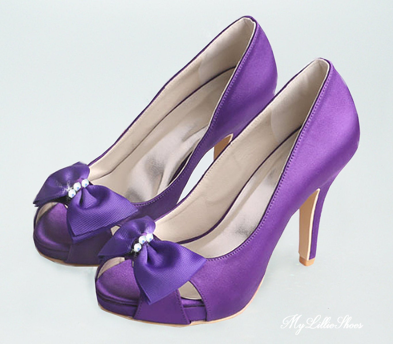 Shoes Purple satin embellished bow peep toe high heels