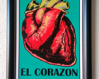 Mexican loteria Framed, El corazon loteria, Frida Kahlo Art, Como la flor, Mexican heart, Selena Quintanilla, Mexican Wall Art, El corazon