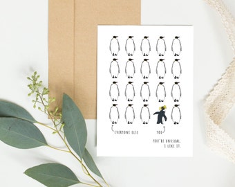 You're unusual, penguin card, funny birthday card, funny card, funny friendship card, gift ideas for him, penguin birthday, you're weird