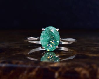 Genuine Emerald Ring, 14k Gold Solitaire, Green Emerald, Oval Ring, Unique, Silver Emerald, Natural Ring, New Ring, Best Mothers Day Gifts