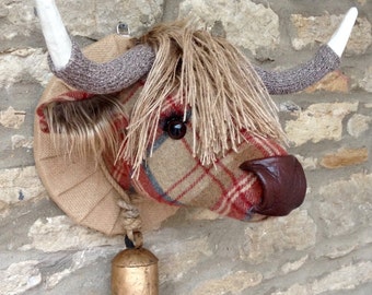 Handmade tweed highland cow faux taxidermy brown and red checked highland tweed fabric wall mounted animal head trophy
