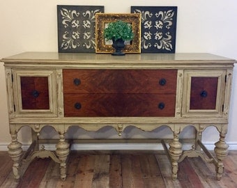 SOLD ** Hand Painted | Vintage Jacobean Buffet | Sideboard | Server | Entry | Dresser | Bar |