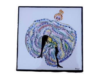 French Vintage Hand Painted Wall Tile - French Cancan Dancer - Parisian Moulin Rouge Cabaret Decor - Signed Daniel Artist - Paris Style
