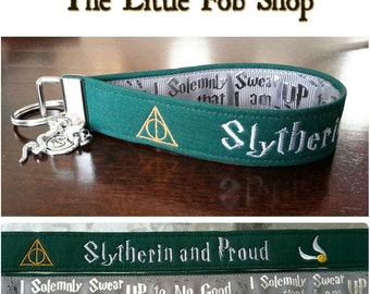 Embroidered Harry Potter Inspired "Slytherin and Proud" Key Fob/Wristlet with Charms