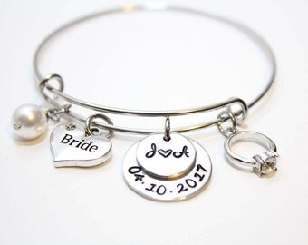 bride bracelet, personalized bride bracelet, bride date bracelet, bride initials bracelet, bride jewelry, bride gift, bride bangle, bride
