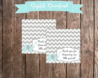 Baby Shower Folding Favor Labels - Thank you for showering our little peanut! - Blue and Gray Elephant Baby Shower Decorations Gray Chevron
