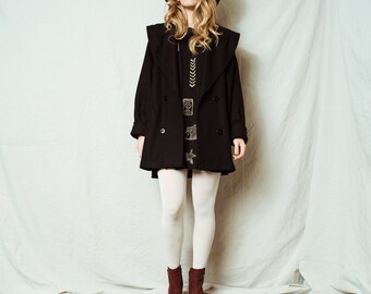 AMAZING Vintage Black Wool Coat / XS S / 90s vintage coat jacket retro hipster wool overcoat with huge collar