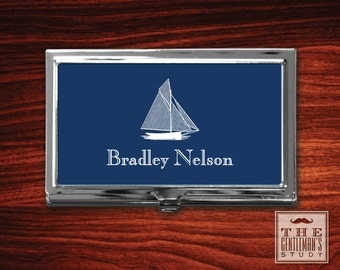 Sailboat Personalized Business Card Case - Men's Monogrammed Nautical Calling Card Holder - Stainless Steel with Snap Closure - Gift for Man