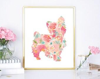 Yorkie Terrier Watercolor floral print, pet portrait - 8x10 print, 16x20 print - Yorkie pet print, nursery wall decor, preppy wall art, dog