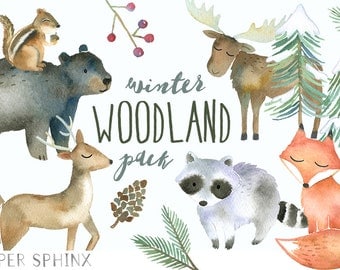 Winter Woodland Animals Clipart | Watercolor Forest Animals - Winter Fox, Moose, Bear, Raccoon, Chipmunk, Deer Clip Art - Nursery Art
