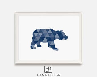 Bear Printable, Navy Blue Art, Triangle Bear, Geometric Animal Decor, Blue Nursery, Bear Nursery, Kids Room Art, Triangle Mosaic Animals