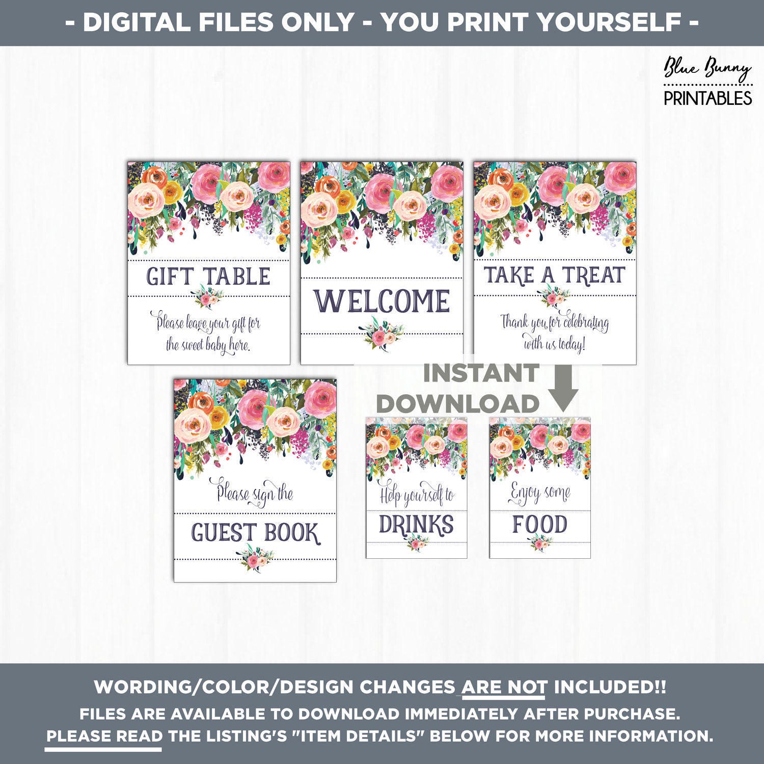 Printable Floral Baby Shower Table Signs. 6 Signs. Gift Table