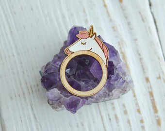 Wooden Ring, Cute Wooden Ring, Hand Painted, Laser Engraved Ring, Unicorn Ring, Finger ring