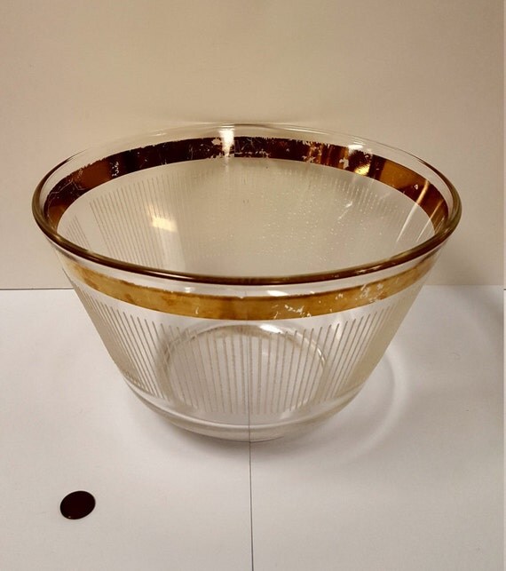 MidCentury Atomic Glass Large Salad Bowl with Gold Band
