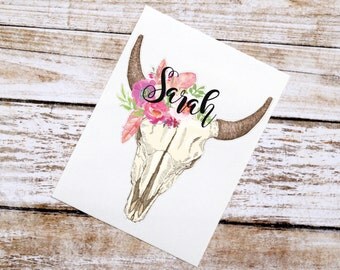 Steer Skull Feathers Floral Decal, Watercolor Flowers, Cow Skull, Bull Skull, Tumbler Decal
