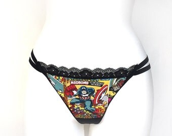 Captain America Lingerie, Super Hero Sexy Thong, Captain America Comic Book Bikini Thong