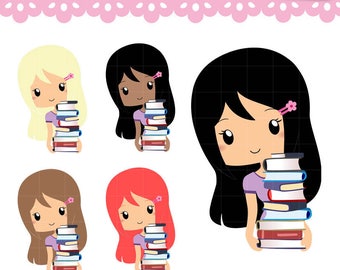 Chibi Library Study and Reading Clipart, Kawaii Clip art Characters Set for planner stickers, scrapbooking, paperclips. Commercial Use OK
