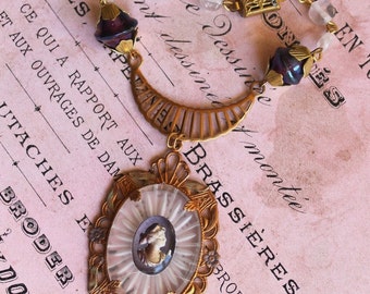 Camphor glass necklace, cameo intaglio, Edwardian, Lalique, opal beads, Victorian, vintage assemblage handmade in France chez Sylvie/067