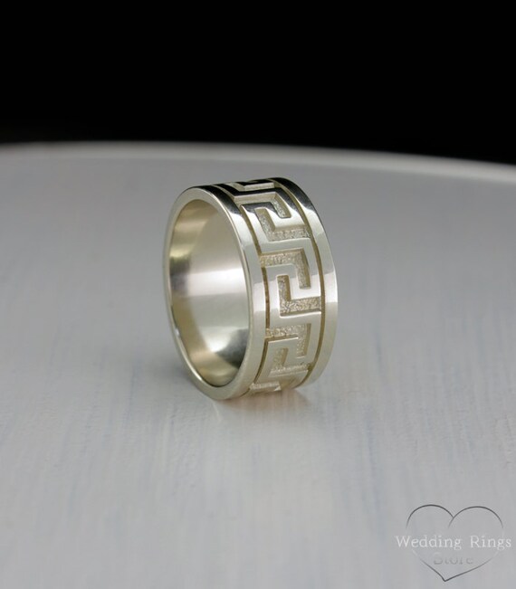 Greek wedding ring Wide wedding band White gold greek key