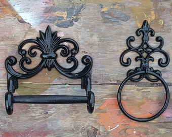 Toilet Paper Holder, Shabby Bathroom Decor, Cottage Bathroom Decor, Black Bathroom Decor, Fleur De Lis Toilet Paper Holder