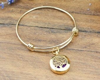 Gold Essential Oil Diffuser Bracelet - Tree of Life Pendant - Essential Oil Diffuser Jewelry - Aromatherapy Bracelet - Aromatherapy Jewelry