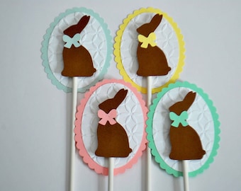 Easter Cupcake Toppers - Easter Bunny Cake Toppers - Chocolate Bunny Cupcake Picks (set of 12)