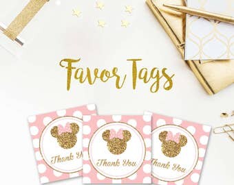 Minnie Mouse Favor Tags, Light Pink and Gold, Minnie Mouse, Birthday, Party, Printables, Favors, Tags, Pink, Polka Dots, 0095