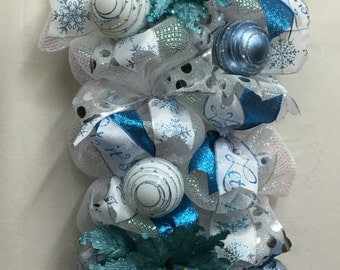 Turquoise Blue and White Poinsettia Christmas Swag, Turquoise Swag, Winter Swag, Deco Mesh Swag, Christmas Decor 146