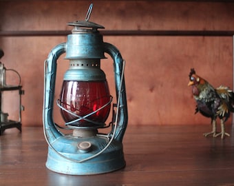 Vintage Dietz Blue Little Wizard Lantern with Original Red Globe, hurricane lantern, railroad lantern, barn lantern