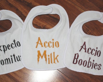 Harry Potter bibs Harry Potter baby Harry potter kids Accio Boobies Accio Milk Expecto Vomitus Baby bibs Harry Potter baby bibs Harry Potter