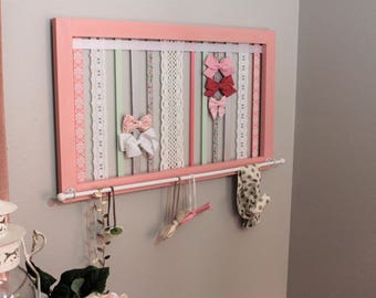 Hair Bow Holder Bow Organizer Coral Nursery Decor Shabby Chic Nursery Decor Girls Boho Nursery Decor Girls Baby Shower Gift Frame Bow Holder