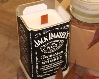 Large JACK DANIELS long-burning soy candle in repurposed glass with full label left on and a crackling wood wick