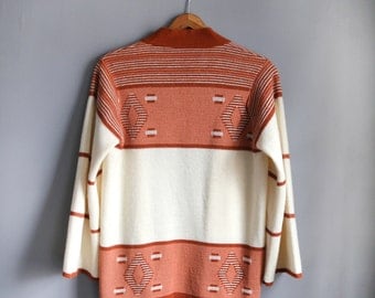 Vintage 1970s Penrose Groovy Terra Cotta Geometric Bell-Sleeved Belted Cardigan Sweater - Fits like S/M