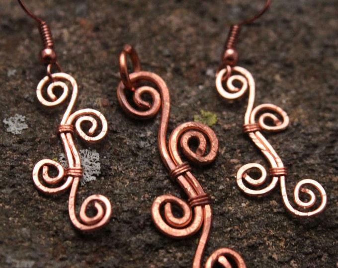 Hammered Copper Spiral Swirl Pendant Necklace with Matching Earring Set, Handmade One of a Kind, OOAK Jewelry, Gift for Her