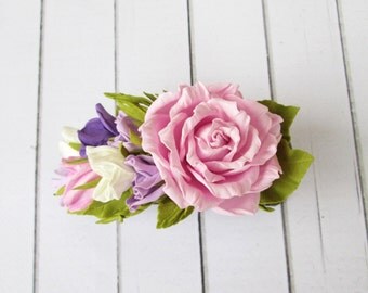 White Garden Rose Hair white rose hair clip formal flowers wedding side hair piece White Garden Rose Hair white rose hair clip formal flowers wedding side hair piece