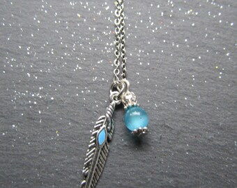 Feather and Aquamarine Necklace, Feather charm Necklace, Feather Jewelry, Bohemian Necklace, Native American jewelry, Boho Necklace, Feather