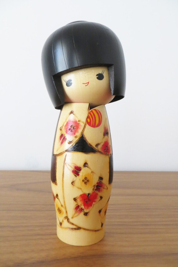 Vintage Japanese Kokeshi Doll with Flowers