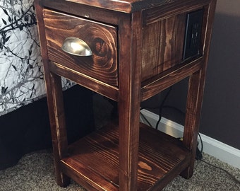 Rustic, distressed, farmhouse nightstand/end table with outlet and USB charging ports // Home decor // Housewarming gifts // Furniture