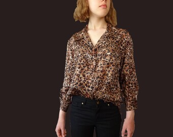 90s Leopard blouse, leopard print blouse, leopard long sleeve blouse, grunge leopard blouse, vintage leopard blouse XS S M
