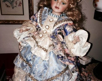 Victorian Doll - Blue and Peach Brocade