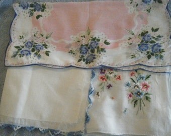 Vintage Women's Handkerchiefs -Three in Pinks and Blues
