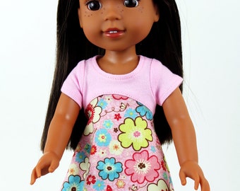 Fits like Wellie Wishers Doll Clothes - Tri-City Dress in Pink Flowers | 14.5 Inch Doll Clothes