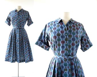 Vintage 1950s Dress | Gyroscope | Novelty Print Dress | 50s Dress | XS
