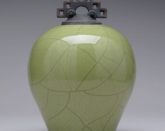Ceramic lidded jar,urn, olive green Raku Jar with lid,large urn, large jar, art pottery,wheel thrown,handmade
