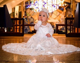Baptism Dress-lvory Lace Long Sleeve Dress- Baby Flower Girl Dress- Dresses- Ivory Girls Dress-Cream Dress- Rustic Wedding Dress