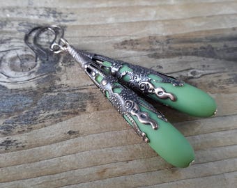 Long Frosted Lime Green Dangles | Antique Copper & Frosty Glass Victorian Era Earrings | Romantic Spike Filigree Teardrop