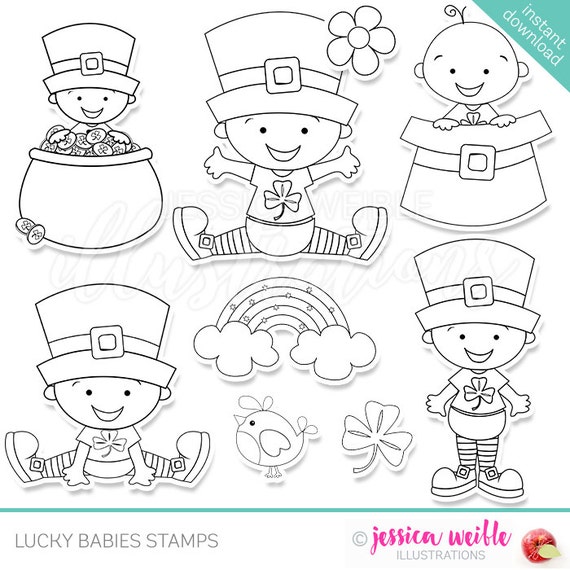 Lucky Babies Cute Digital Line Art Stamps, Black and White Line Art, Digital Stamps, St Patricks Day Il_570xn