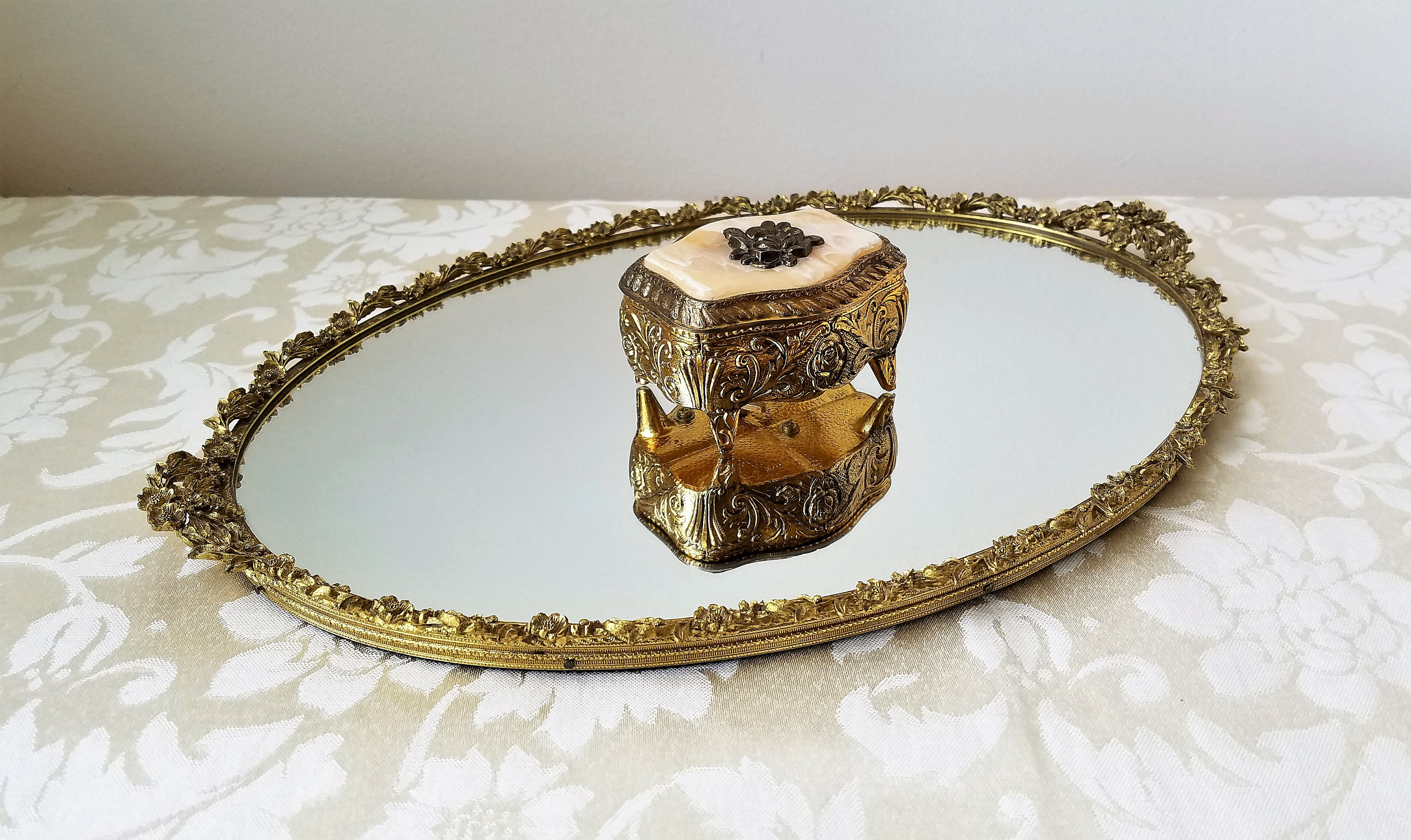 Vintage Gold Vanity Tray Mirror Oval With Ornate Metal Flowers