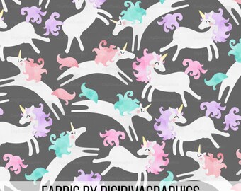Watercolor Unicorn Fabric By The Yard - Magical White Dreaming Unicorns on Gray Print in Yards & Fat Quarter
