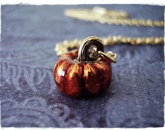 Orange Pumpkin Necklace - Orange Enameled Antique Gold Pewter Pumpkin Charm on a Delicate Gold Plated Cable Chain or Charm Only